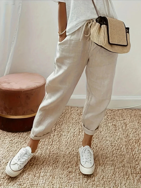 Women's Jogger Trousers Cotton - Breathable, Relaxed Fit, Drawstring Waist, Cuffed Ankles