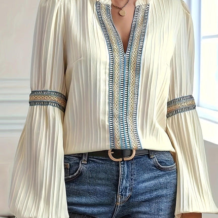 Women's Long-Sleeve Blouse with Pleats and Embroidered Trim