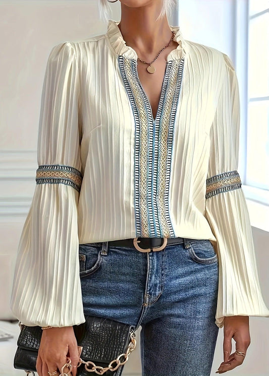 Women's Long-Sleeve Blouse with Pleats and Embroidered Trim