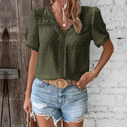 Women's V-Neck Lace-Trimmed Blouse with Textured Design