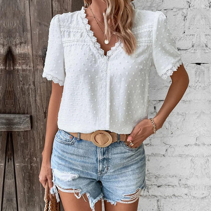 Women's V-Neck Lace-Trimmed Blouse with Textured Design