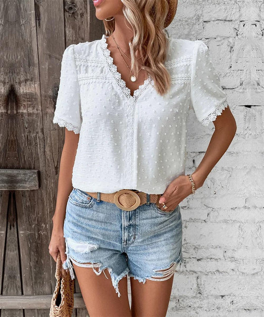 Women's V-Neck Lace-Trimmed Blouse with Textured Design