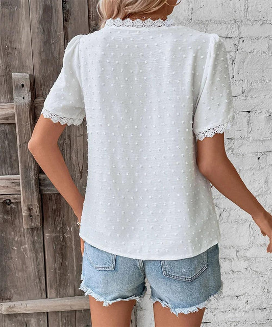 Women's V-Neck Lace-Trimmed Blouse with Textured Design