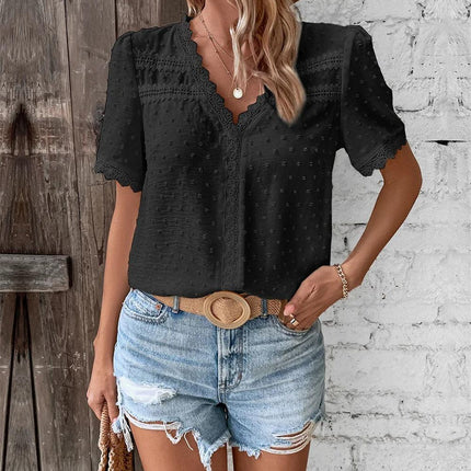Women's V-Neck Lace-Trimmed Blouse with Textured Design