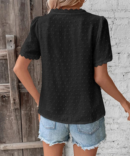Women's V-Neck Lace-Trimmed Blouse with Textured Design