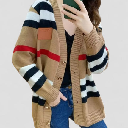 Women's Loose Fit Striped Knitted Cardigan V Neck