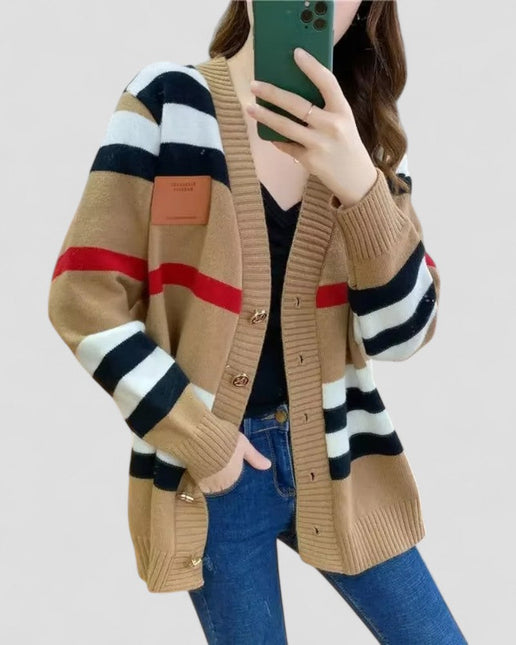 Women's Loose Fit Striped Knitted Cardigan V Neck