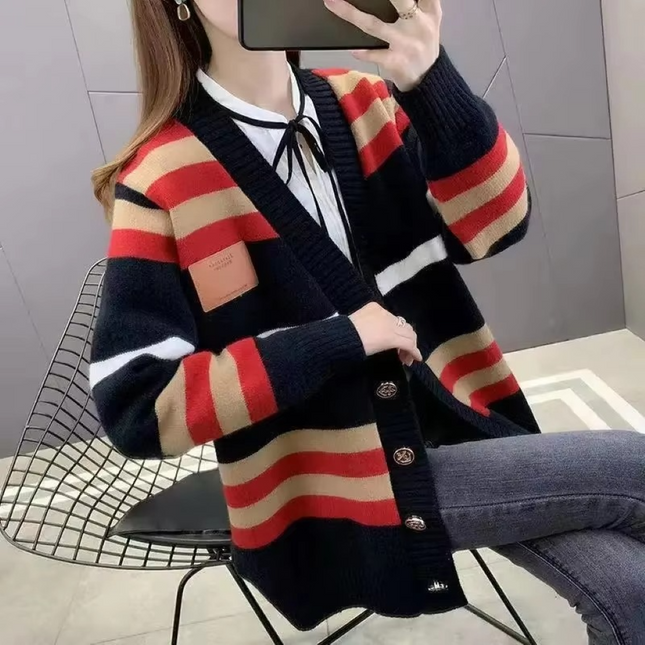 Women's Loose Fit Striped Knitted Cardigan V Neck
