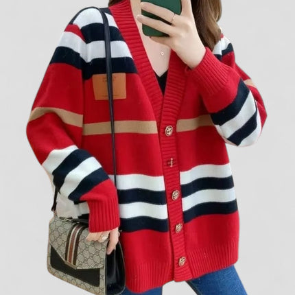 Women's Loose Fit Striped Knitted Cardigan V Neck