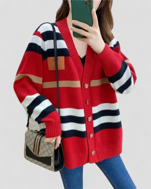 Women's Loose Fit Striped Knitted Cardigan V Neck