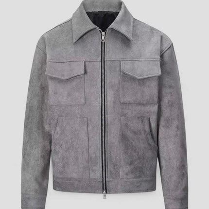 Men's Casual Jacket Suede Zip-Up with Pocket Detail