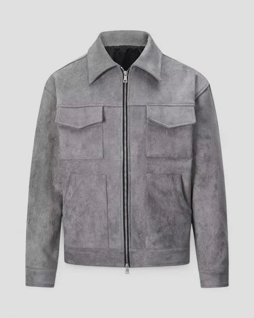 Men's Casual Jacket Suede Zip-Up with Pocket Detail