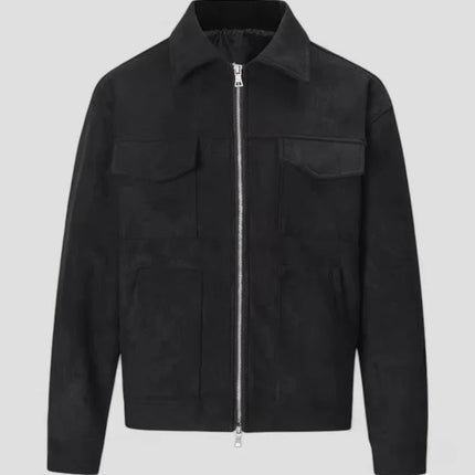 Men's Casual Jacket Suede Zip-Up with Pocket Detail