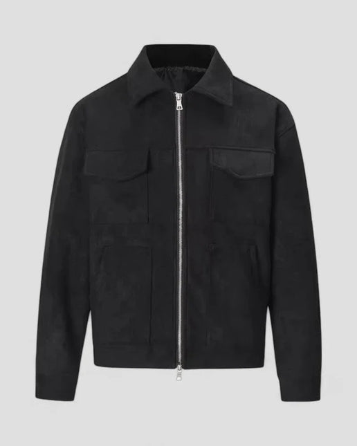 Men's Casual Jacket Suede Zip-Up with Pocket Detail