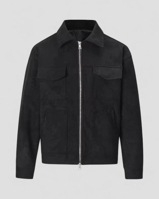 Men's Casual Jacket Suede Zip-Up with Pocket Detail