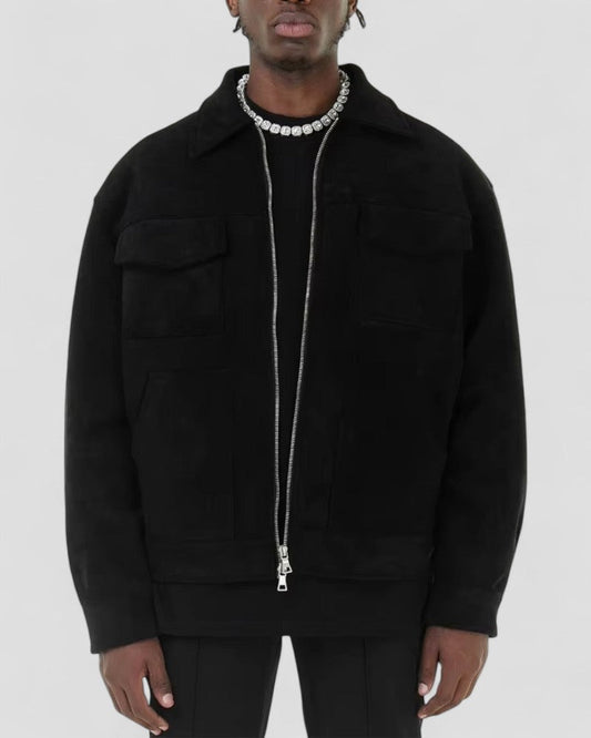 Men's Casual Jacket Suede Zip-Up with Pocket Detail