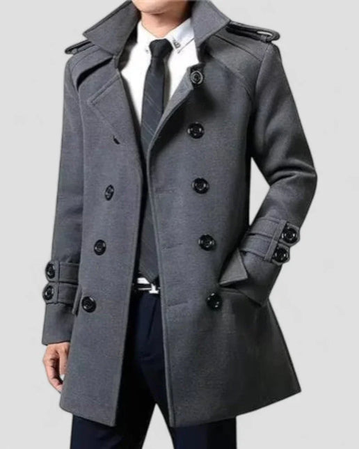 Men's Wool Trench Coat Double Breasted Mid Length Smart Fit