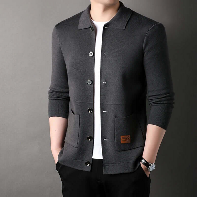 Men's Slim Fit Cardigan Knitwear with Classic Collar and Ribbed Trim