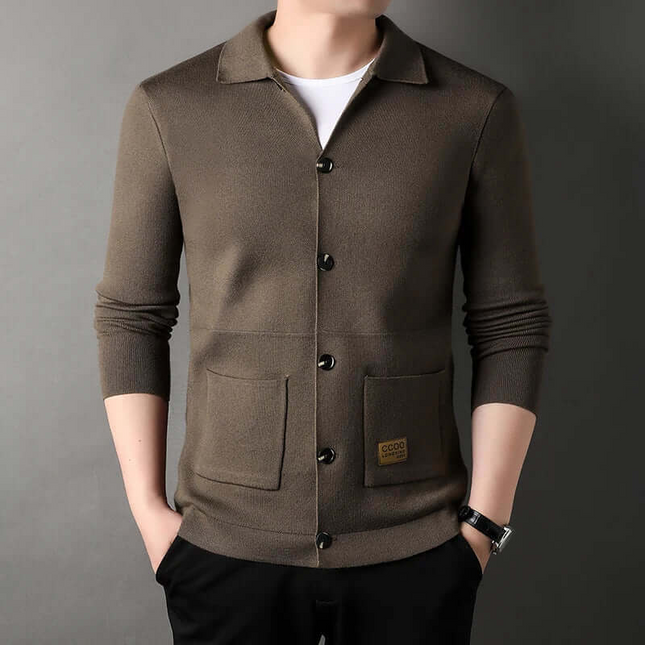 Men's Slim Fit Cardigan Knitwear with Classic Collar and Ribbed Trim