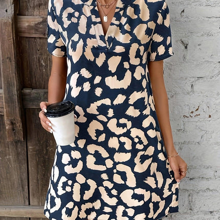 Women's V-Neck Leopard Print Dress with Short Sleeves