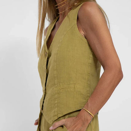 Women's Fitted Linen Vest - Lightweight Buttoned Front for Formal & Casual Wear
