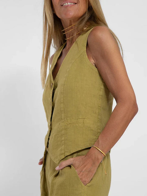 Women's Fitted Linen Vest - Lightweight Buttoned Front for Formal & Casual Wear