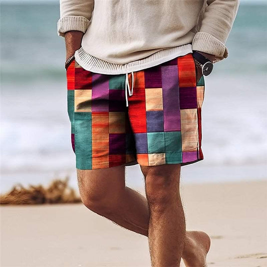 Men’s Knee-Length Patchwork Shorts - Lightweight Elastic Waist with Drawstring