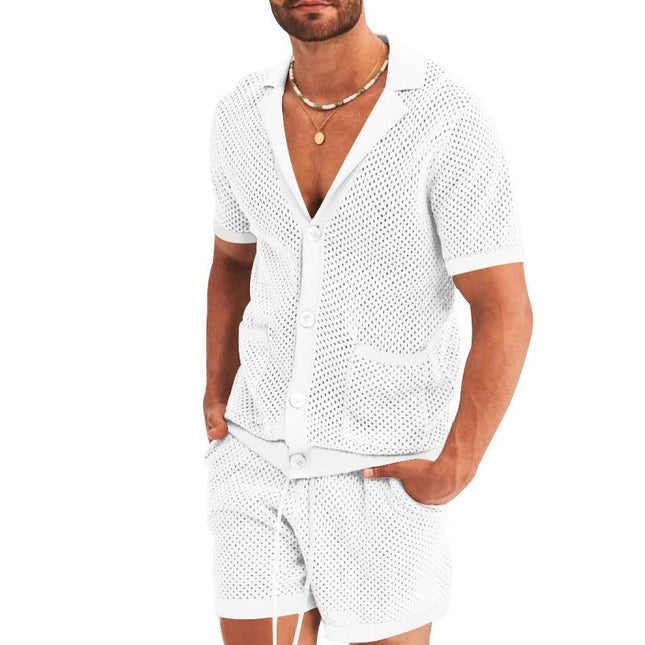 Men's Casual Hollow Short Sleeve Shirt and Shorts Set