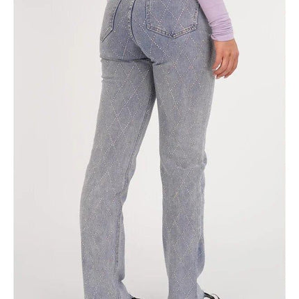 Women's Straight Leg Jeans Diamond Pattern Button Fly