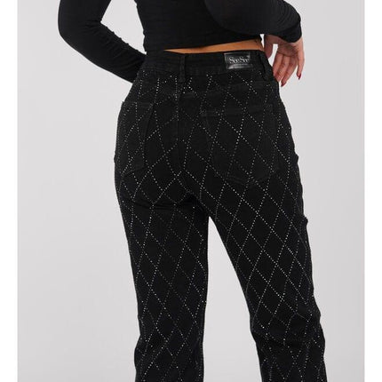 Women's Straight Leg Jeans Diamond Pattern Button Fly