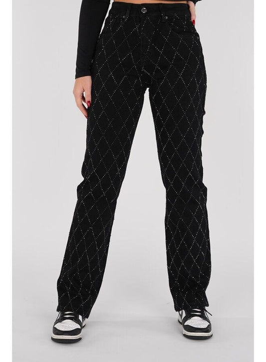 Women's Straight Leg Jeans Diamond Pattern Button Fly