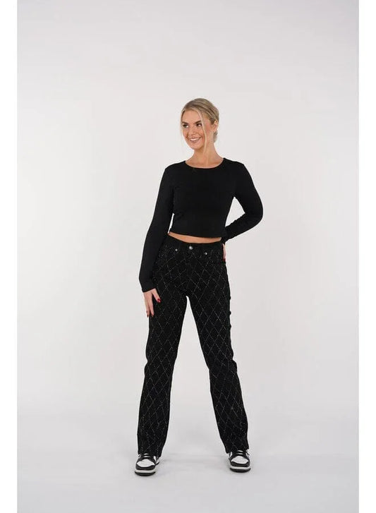 Women's Straight Leg Jeans Diamond Pattern Button Fly