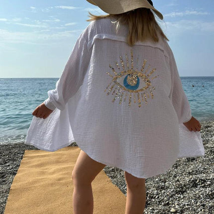 Women's Oversized Long Sleeve Shirt with Embroidery