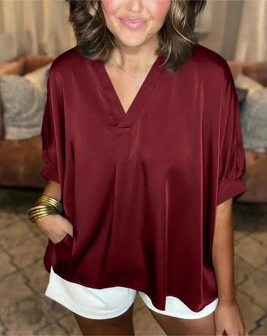 Women's V-Neck Shirt Silk Satin Classic Style