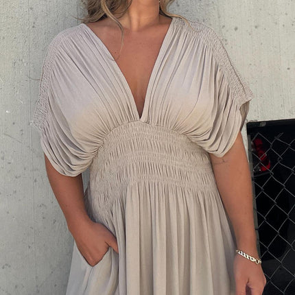 Women’s Maxi Dress – Smocked Waist – Relaxed Fit – V-Neck – Short Sleeve – Flowy Cotton