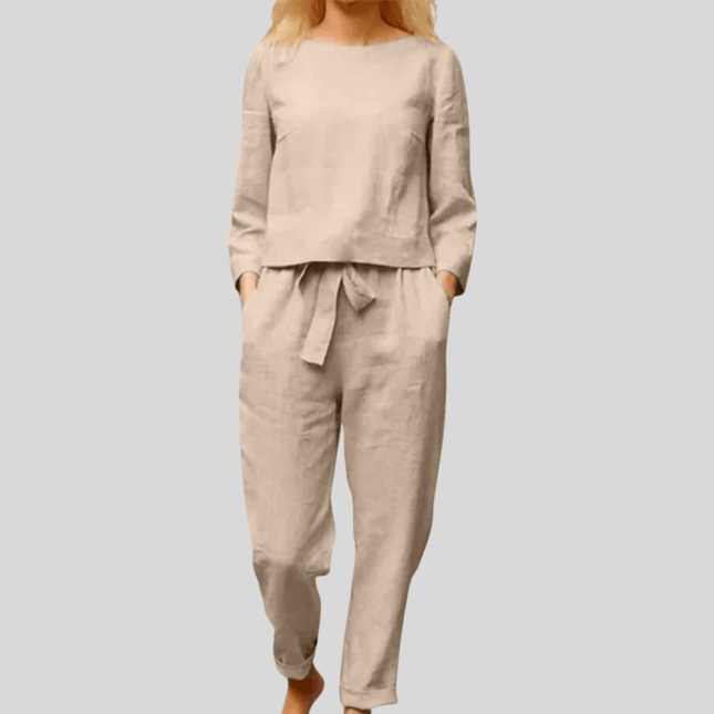 Women's Linen Long Sleeve Shirt and Elastic Waist Pencil Pants Set