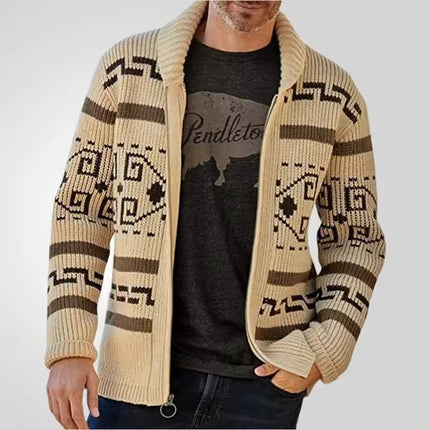 Men’s Wool Blend Knit Cardigan with Zip Front and Patterned Design