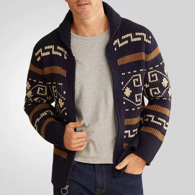 Men’s Wool Blend Knit Cardigan with Zip Front and Patterned Design