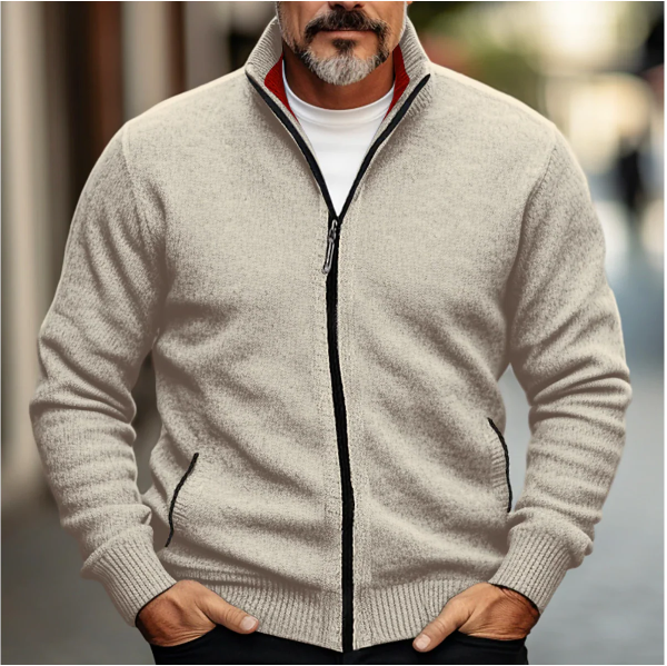 Men’s Wool Blend Zip-Up Cardigan with High Collar and Ribbed Trim