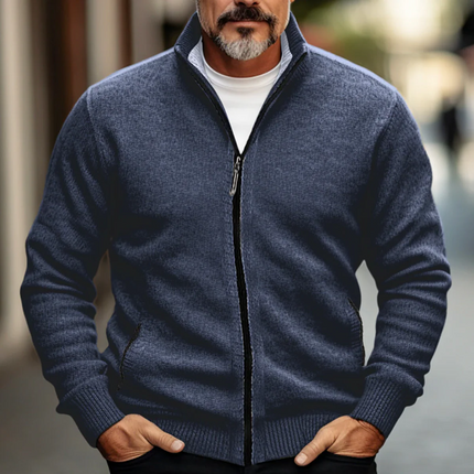 Men’s Wool Blend Zip-Up Cardigan with High Collar and Ribbed Trim