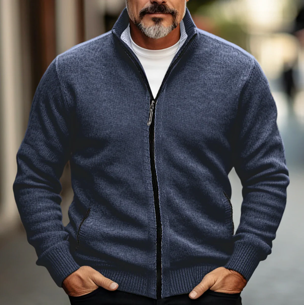 Men’s Wool Blend Zip-Up Cardigan with High Collar and Ribbed Trim