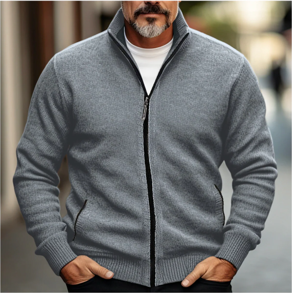Men’s Wool Blend Zip-Up Cardigan with High Collar and Ribbed Trim