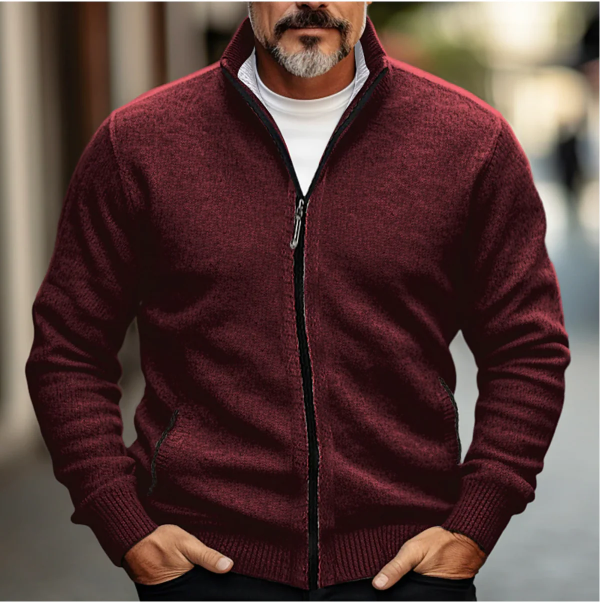 Men’s Wool Blend Zip-Up Cardigan with High Collar and Ribbed Trim