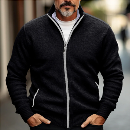Men’s Wool Blend Zip-Up Cardigan with High Collar and Ribbed Trim