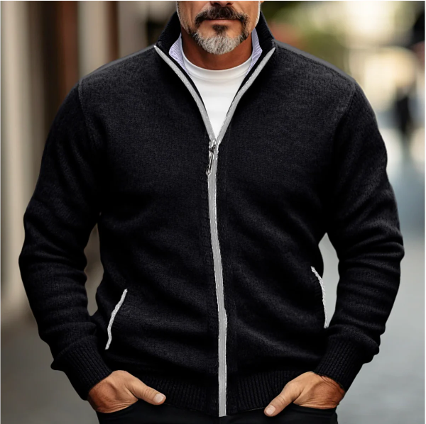Men’s Wool Blend Zip-Up Cardigan with High Collar and Ribbed Trim