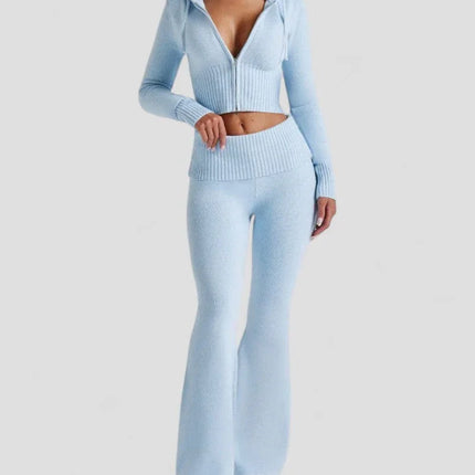 Women's Flared Trousers Set with Slim Fit Hooded Crop Top
