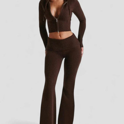 Women's Flared Trousers Set with Slim Fit Hooded Crop Top