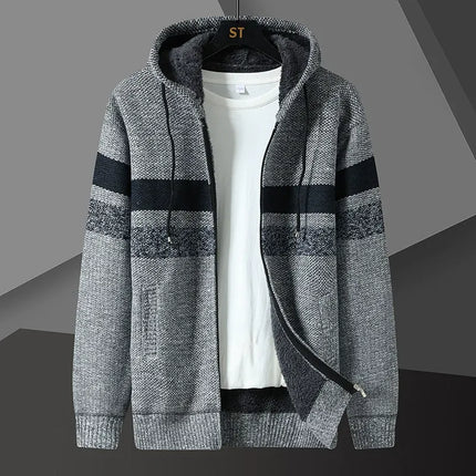 Men's Knit Hooded Cardigan Sweater with Zip Front and Pockets