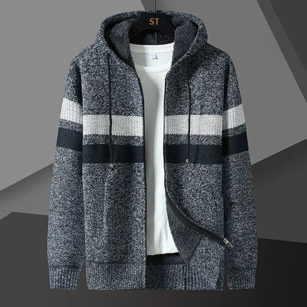 Men's Knit Hooded Cardigan Sweater with Zip Front and Pockets