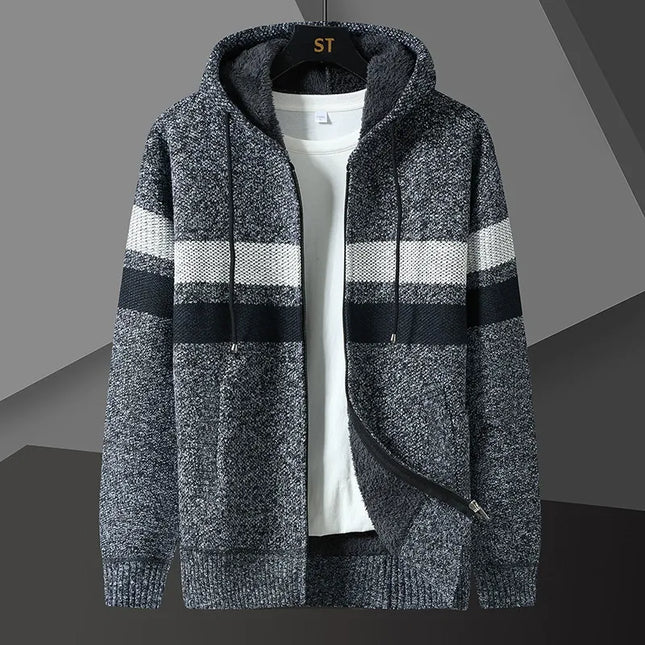 Men's Knit Hooded Cardigan Sweater with Zip Front and Pockets